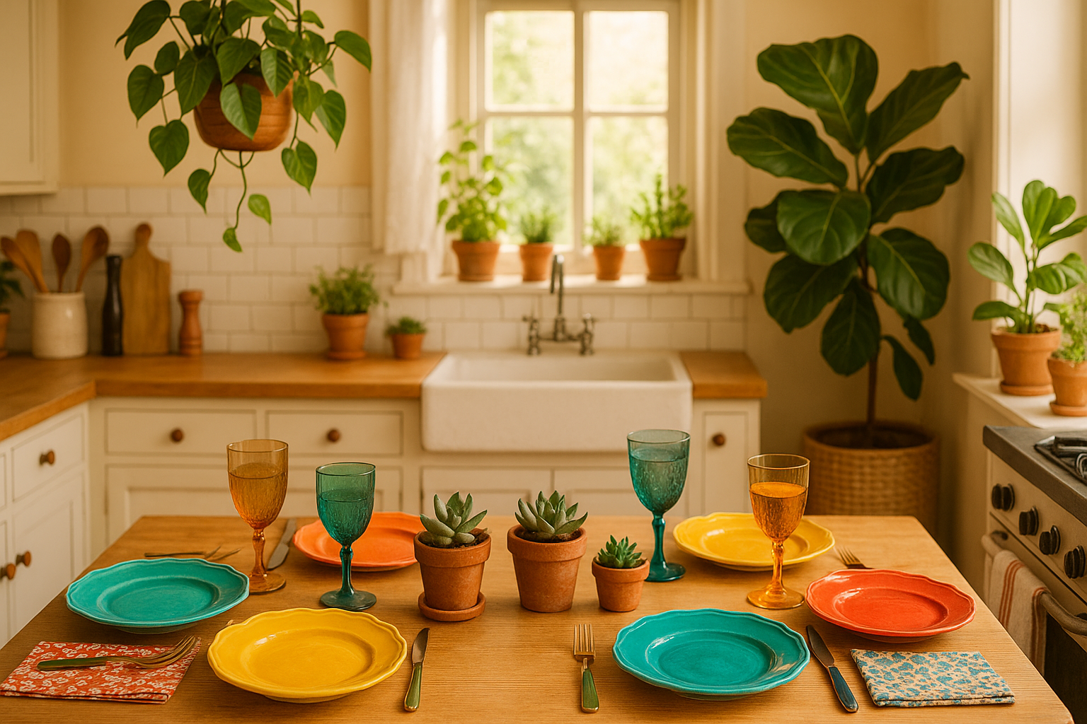 a kitchen scene with colorful and unique table settings and plants