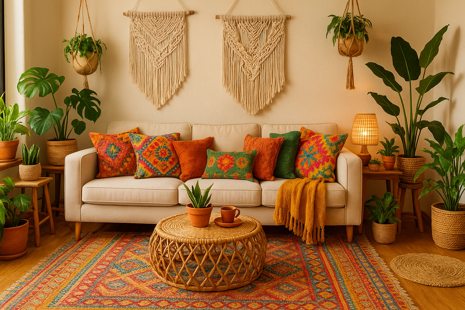 Boho home interior with plants and bright