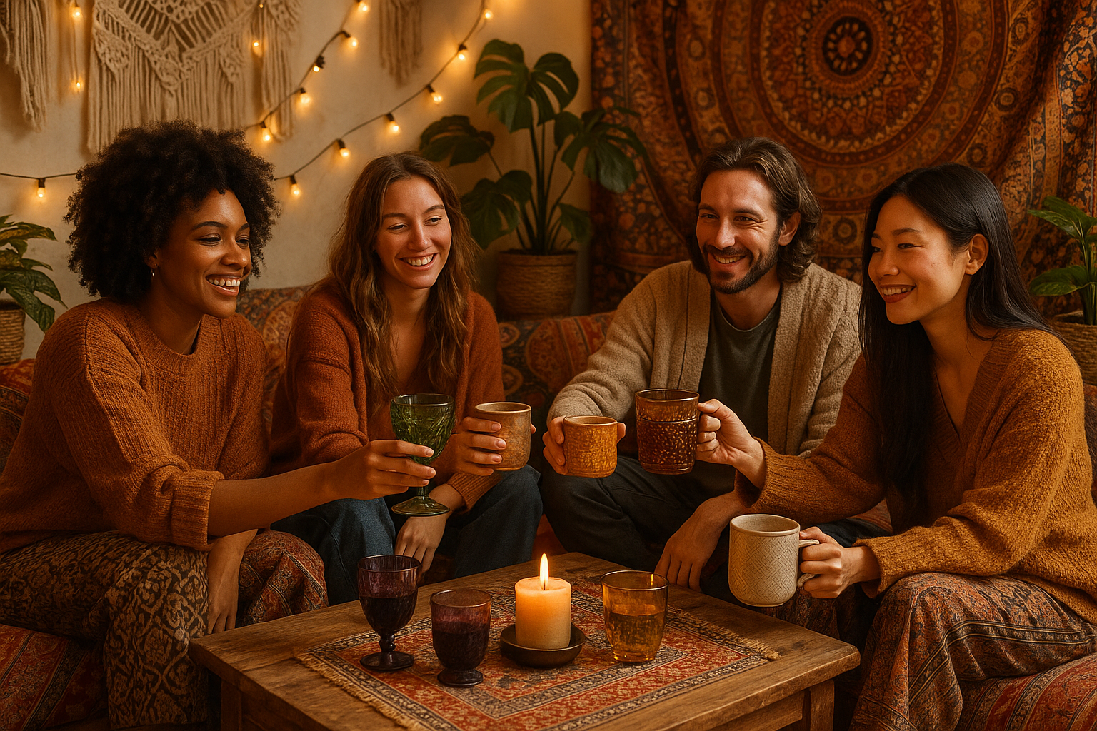 People enjoying a gathering with drinkware and bohemian style decor